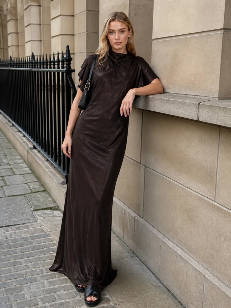 Rick owens brown gown black sculptural sandals