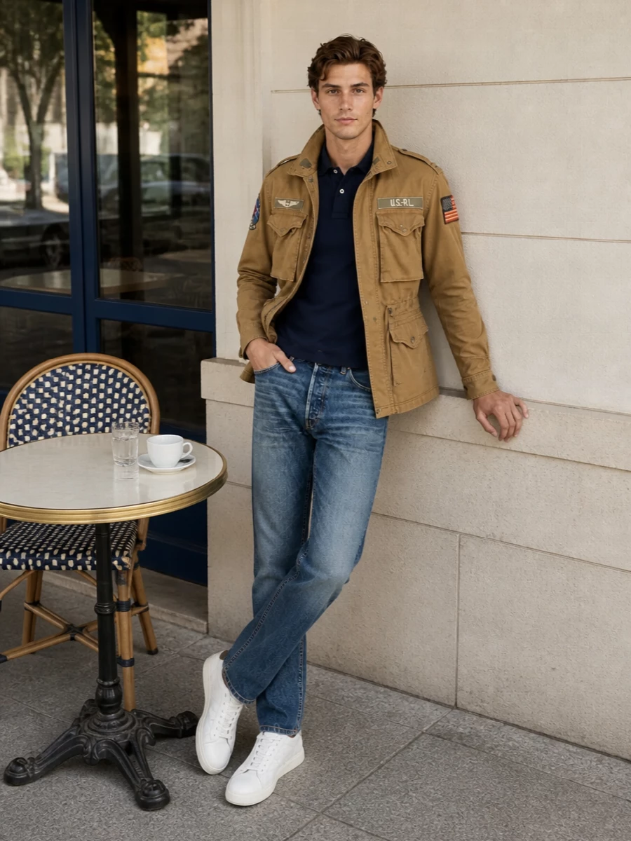 Khaki field jacket, navy polo, straight indigo denim and clean off-white sneakers create a grounded, all-American prep with a subtle utilitarian edge. The madras duffle reinforces the Polo story, so the whole outfit reads like a modern weekend uniform for city or escape. It is relaxed but considered, with a tight navy and earth palette that lets the jacket stay the hero.