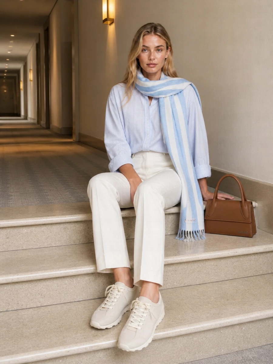 Soft blue stripes meet clean ivory tailoring for a calm, precise take on city dressing. Tonal sneakers keep it quietly relaxed, while the structured tan mini bag adds just enough contrast and polish. A powder-blue scarf ties the palette together without fuss.