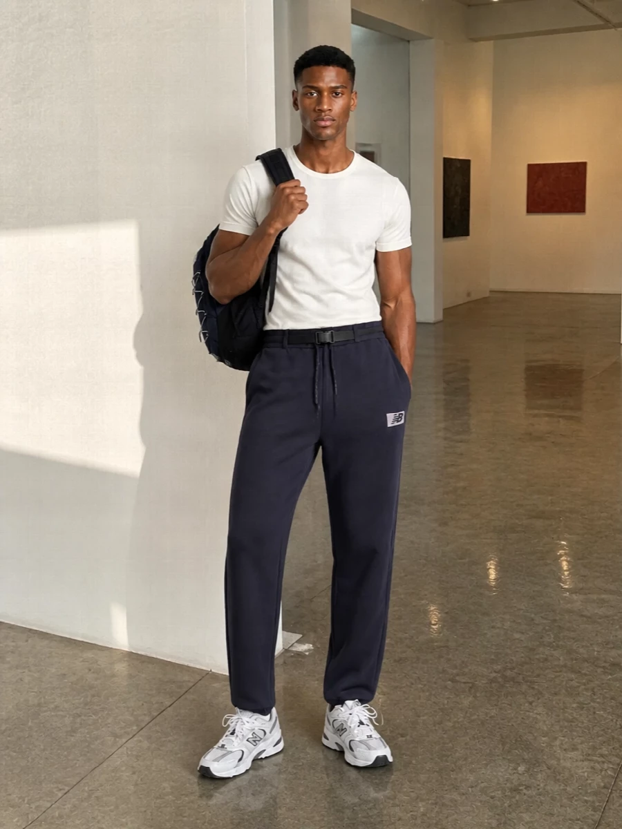 New balance navy shorts off white tee runners