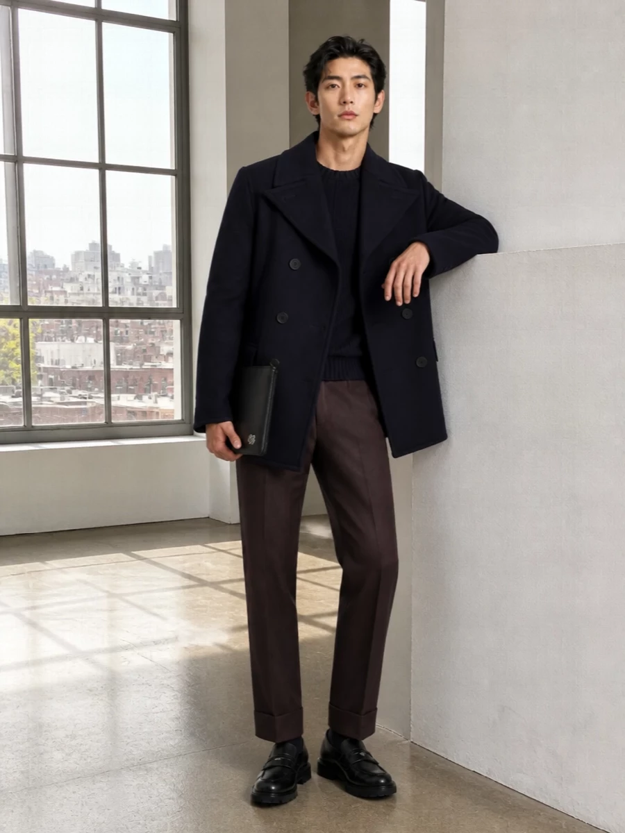 Burberry navy peacoat brown trousers outfit