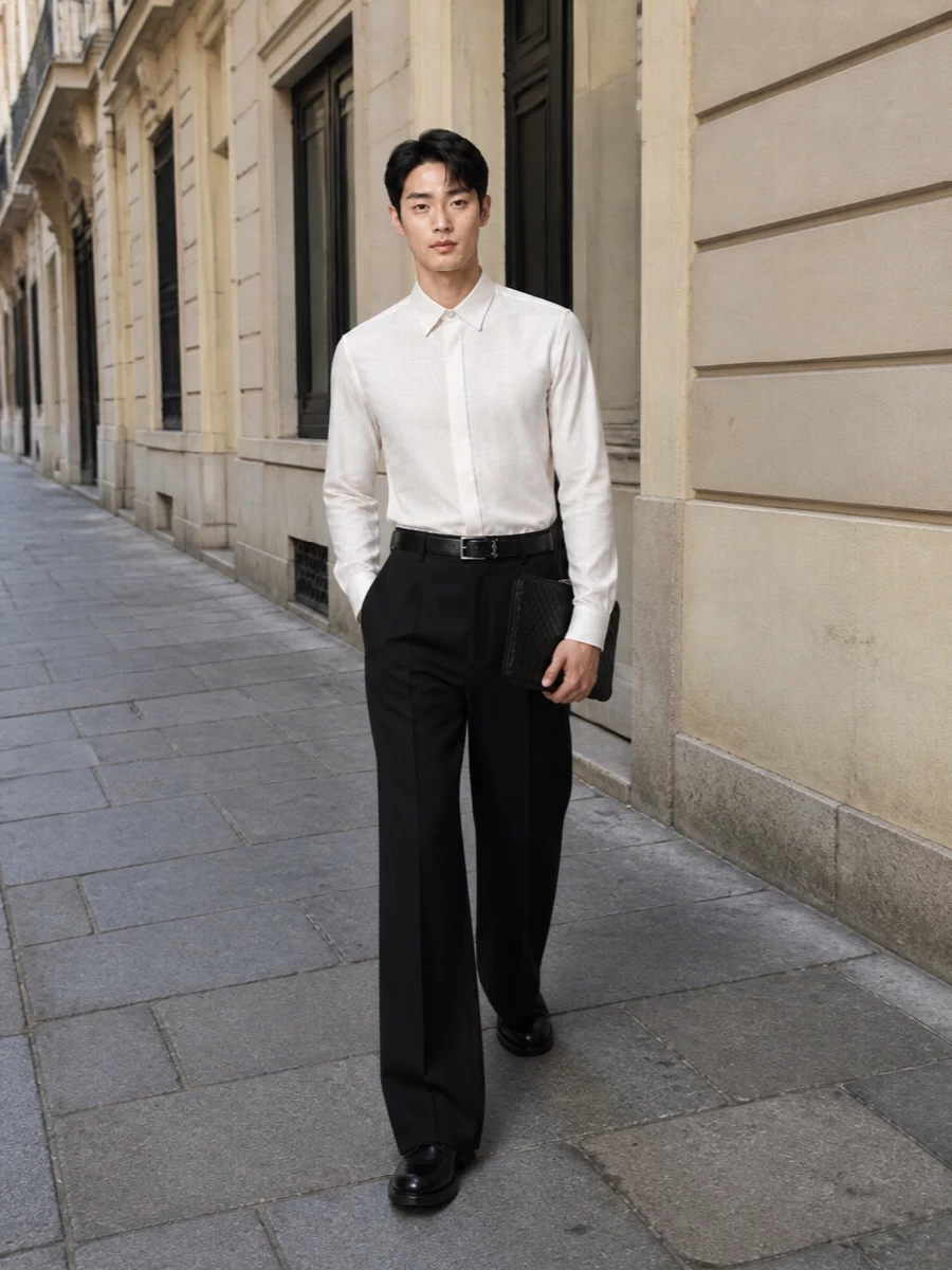 This look pairs the architectural black Valentino wide-leg trouser with an off-white concealed-placket shirt for a precise, monochrome take on evening tailoring. Sleek Valentino derbies, a slim Saint Laurent belt, and a flat Bottega Veneta intrecciato clutch complete a quietly powerful ensemble that feels impeccably polished yet understated for FW city nights.