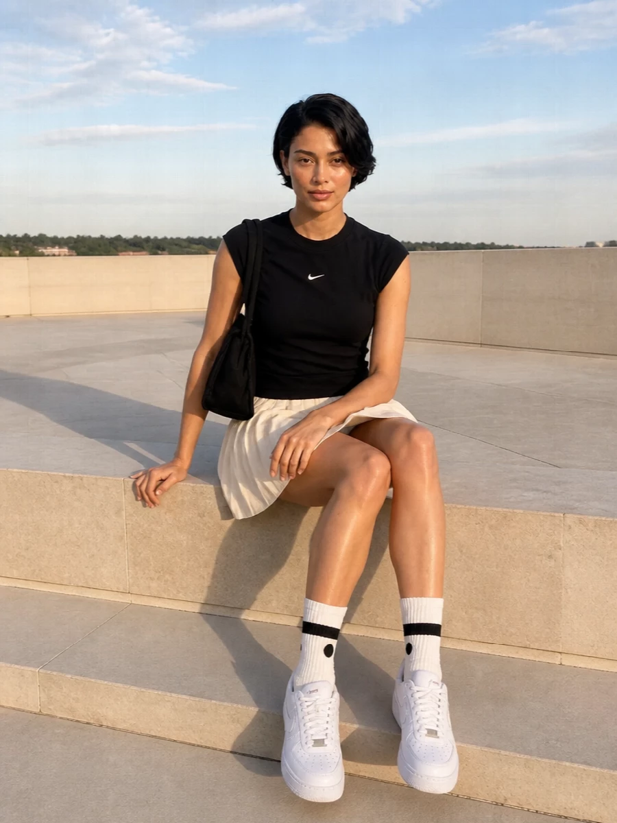 A black ribbed cap-sleeve tee sits cleanly against a soft beige pleated tennis skirt for a graphic sport-preppy mix that still feels minimal. White low-top sneakers and off-white crew socks keep the palette bright and streamlined, while a black Alexander Wang shoulder bag quietly sharpens everything for city days. The proportions stay neat and leggy, with the high-rise skirt balancing the fitted top so the whole outfit reads fast, modern and easy to move in.