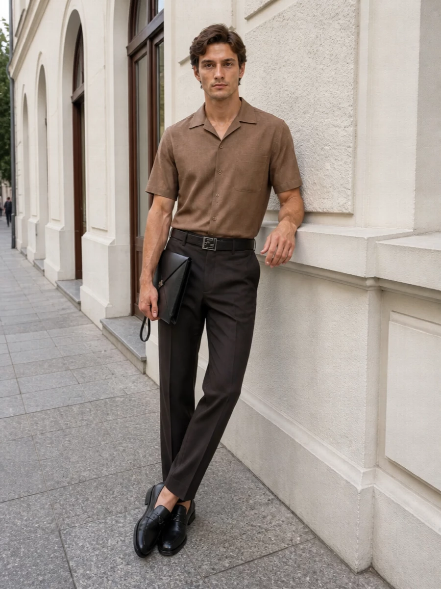 Fendi camel camp shirt dark brown trousers