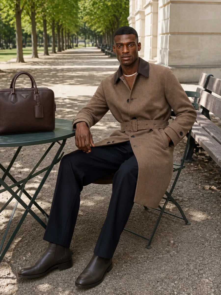 Lardini coat navy trousers brown boots briefcase