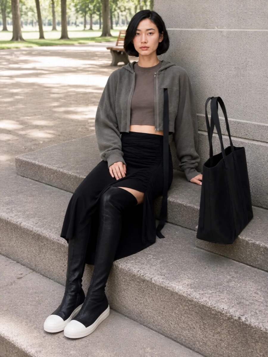 I’m building this around separates rather than a dress so the cropped hoodie can really work those Rick proportions against a visible waist and long, dark column. The taupe tie-detail tee nods to the hoodie’s wash, the black ruched maxi and over-the-knee sock boots give a continuous, elongated line, and the oversized black tote finishes it as an urban, all-day Rick uniform. It feels low-key in palette yet quietly dramatic in silhouette, exactly where DRKSHDW lives best.