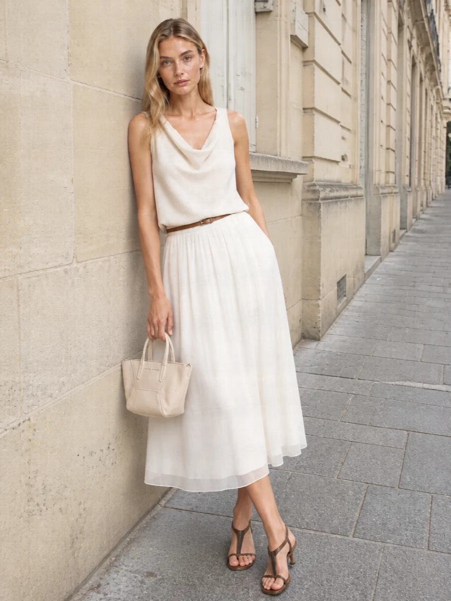 This look builds a luminous, tonal column around the sheer white midi skirt and ivory cowl-neck tank, letting fluid textures and soft layering create a sense of ease and romance. Taupe kitten-heel sandals and a petite ivory top-handle bag add just enough structure and elevation, while the slim bronze belt quietly defines the waist for an elegant SS ensemble that moves effortlessly from sunlit lunches to refined evenings.