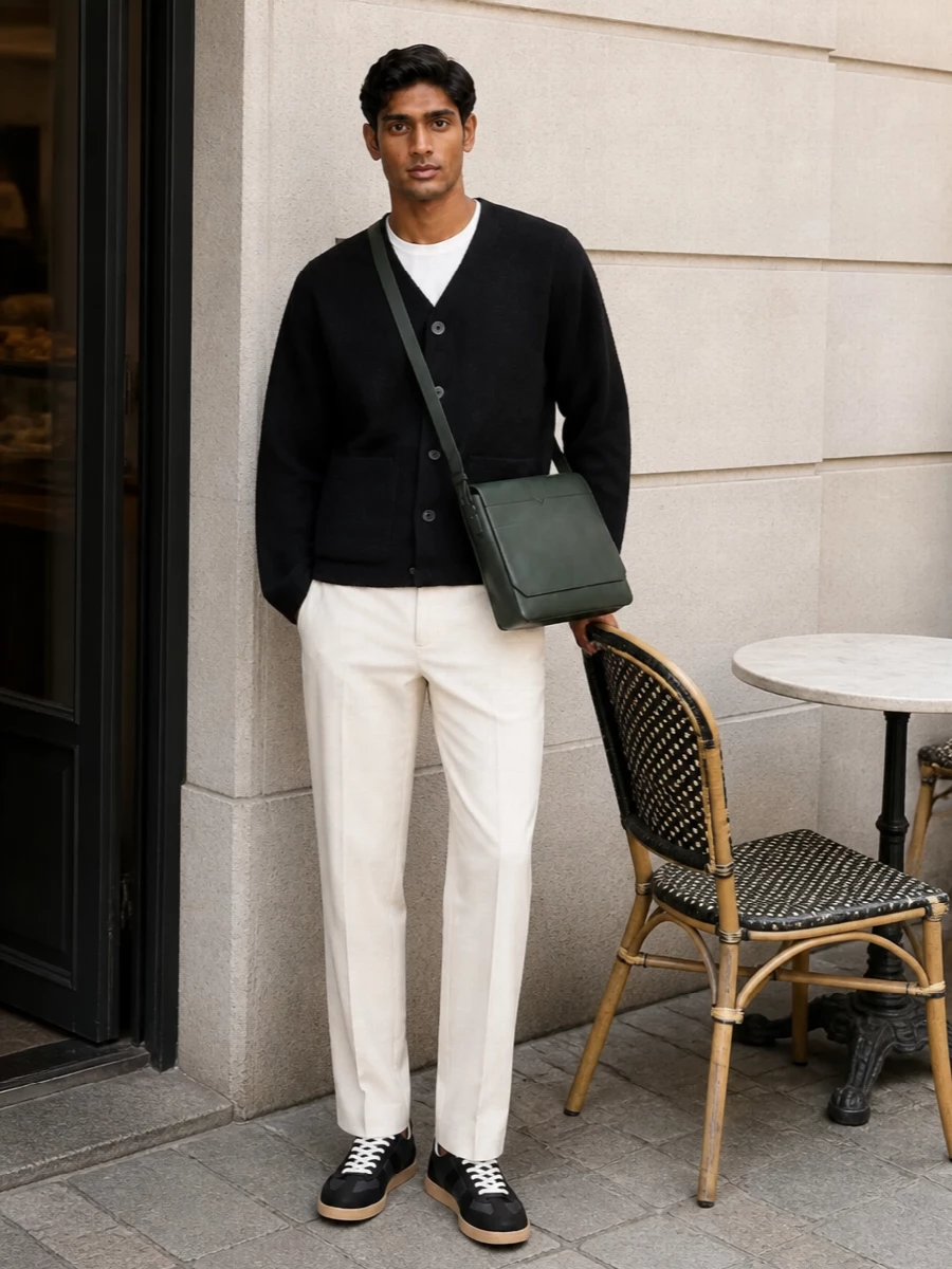Charcoal sneakers ground a black boxy cardigan and cream straight-leg trousers in a clean, quietly confident palette. The mix of soft knit and tailored trouser keeps it relaxed but precise. A structured forest green messenger adds just enough colour while staying firmly in the minimalist lane.