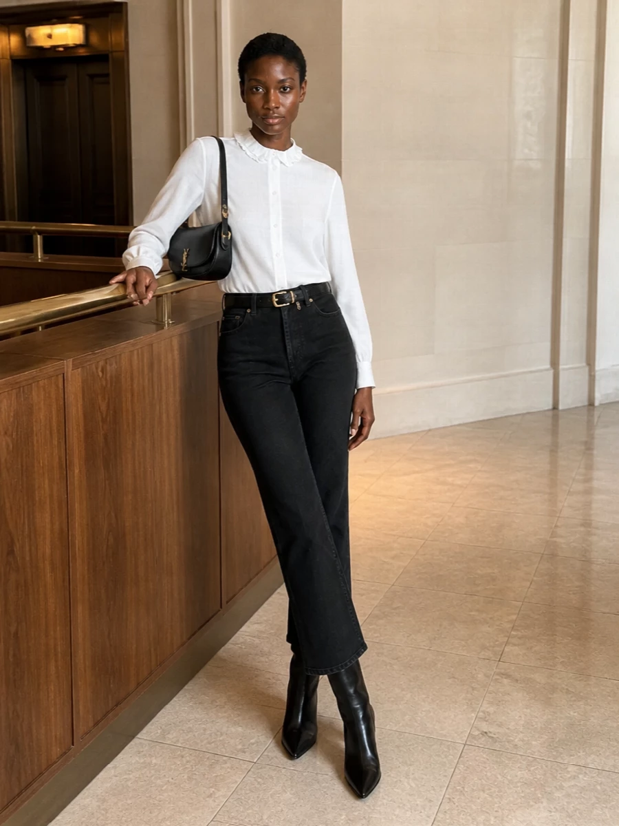 Saint laurent black flared jeans white shirt boots