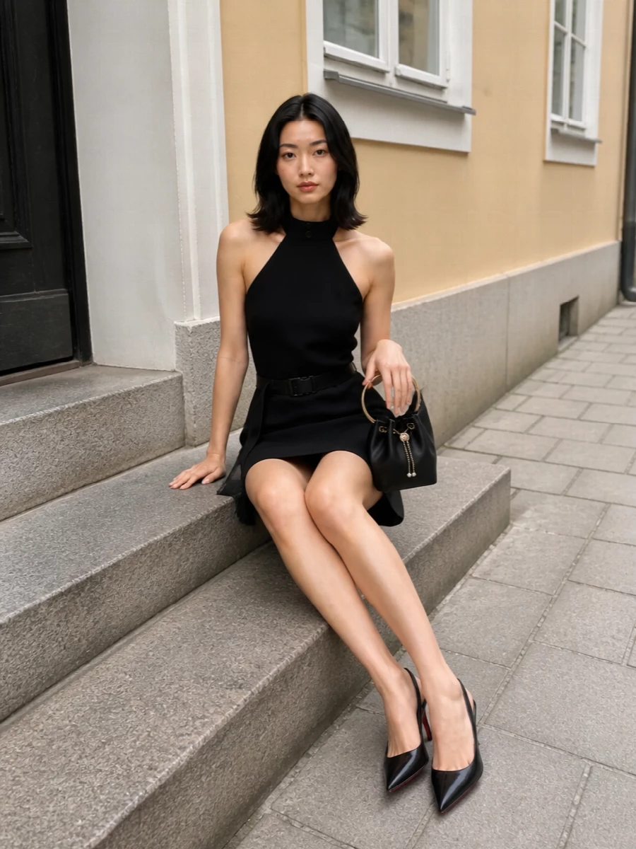 I anchored this around the Burberry halter mini so the bag can sit against a pure black canvas and let its ring handle and pearls read as jewelry. The dress’s clean, cinched lines echo the bucket’s balance of softness and structure, while the Louboutin kitten slingbacks keep the formality cocktail-ready yet understated. It is a quietly glamorous black evening ensemble where texture, shine and hardware do the talking rather than color.