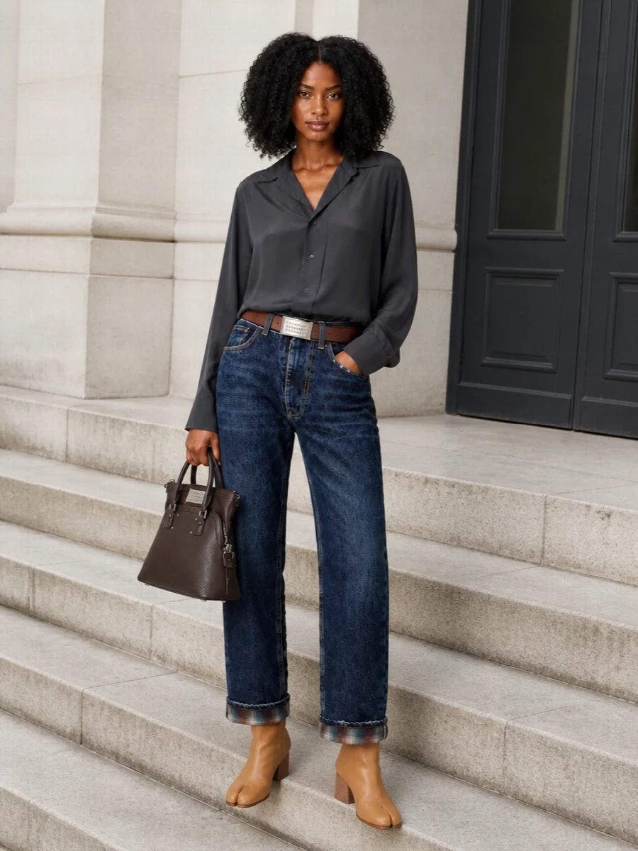 Charcoal drape over raw-edged indigo reframes denim as something studied rather than casual, the soft shirt echoing the jean’s deconstruction in a more refined register. Camel tabi boots and a chocolate top-handle pull the warm tobacco notes out of the stitching, while the belt’s clean plaque adds one precise, graphic hit of metal. The result is relaxed Margiela tailoring energy, grounded in jeans but ready for long city days and gallery nights alike.