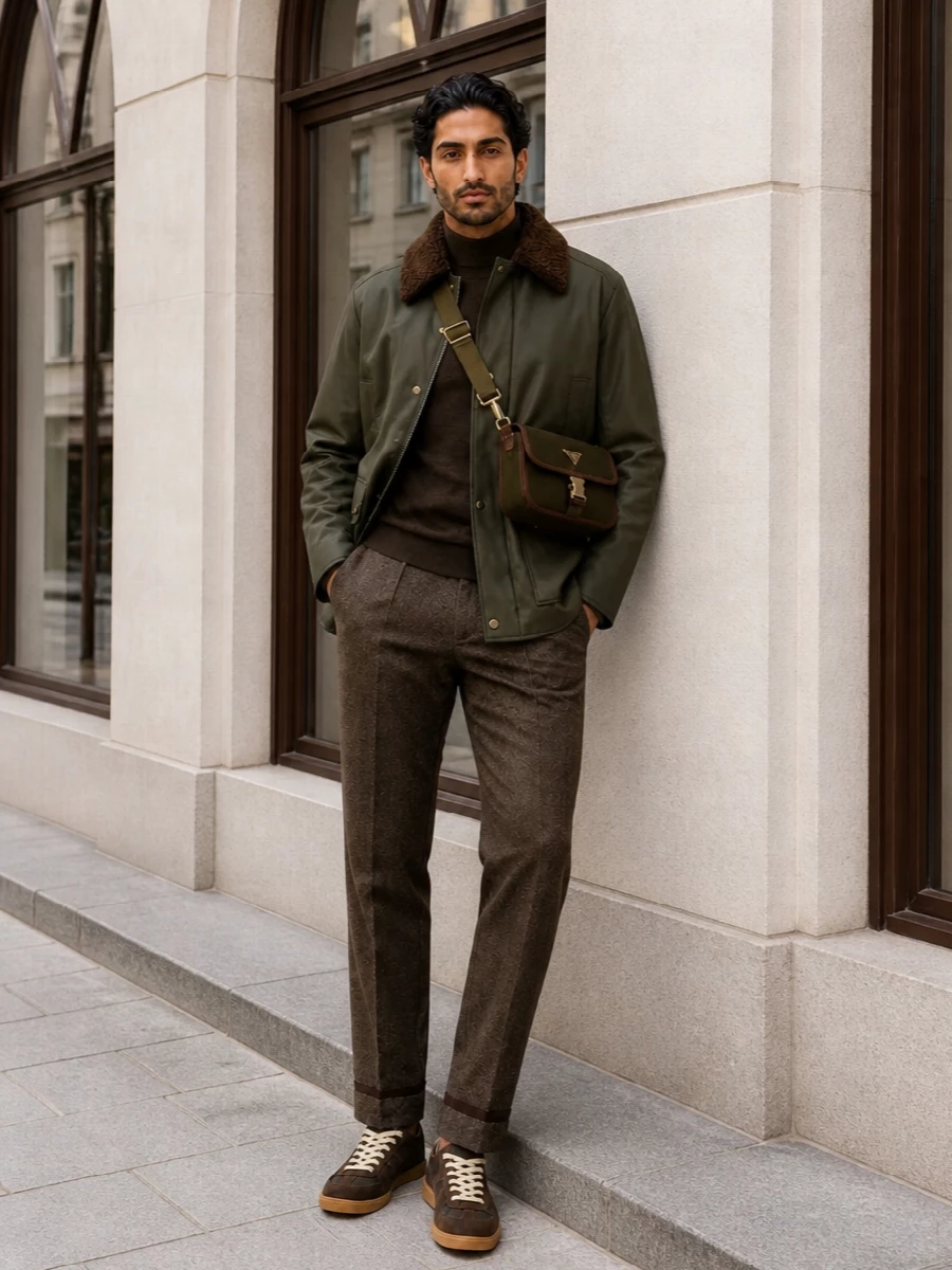 Maison margiela field coat herringbone trousers outfit