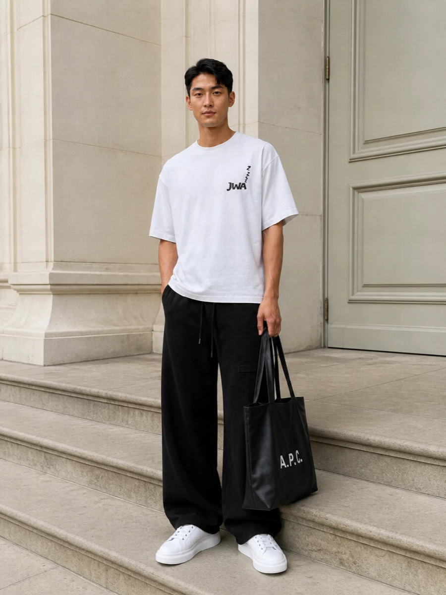 Jw anderson tee wide leg pants white sneakers