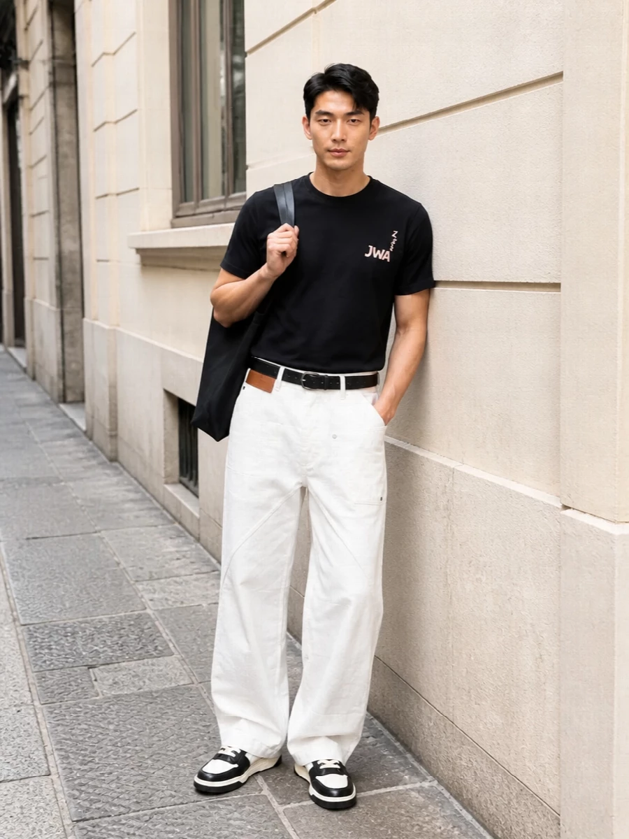 A deep-black graphic tee and off-white wide-leg trouser set up a crisp, high-contrast base with a calm, modern street energy. Black and off-white sneakers echo that palette, while a structured black tote and substantial belt keep the volume grounded and deliberate rather than slouchy.