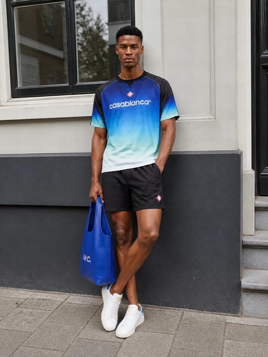 Casablanca football jersey shorts sneakers outfit