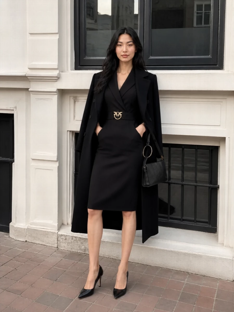 A sharply tailored black sheath meets equally precise accessories for a polished, almost architectural evening ensemble. The clean Jimmy Choo pumps and slim black shoulder bag keep the focus on cut and proportion, reading powerful rather than showy. It is ideal for dinners, events or cocktail hours where discretion and confidence matter more than overt branding.