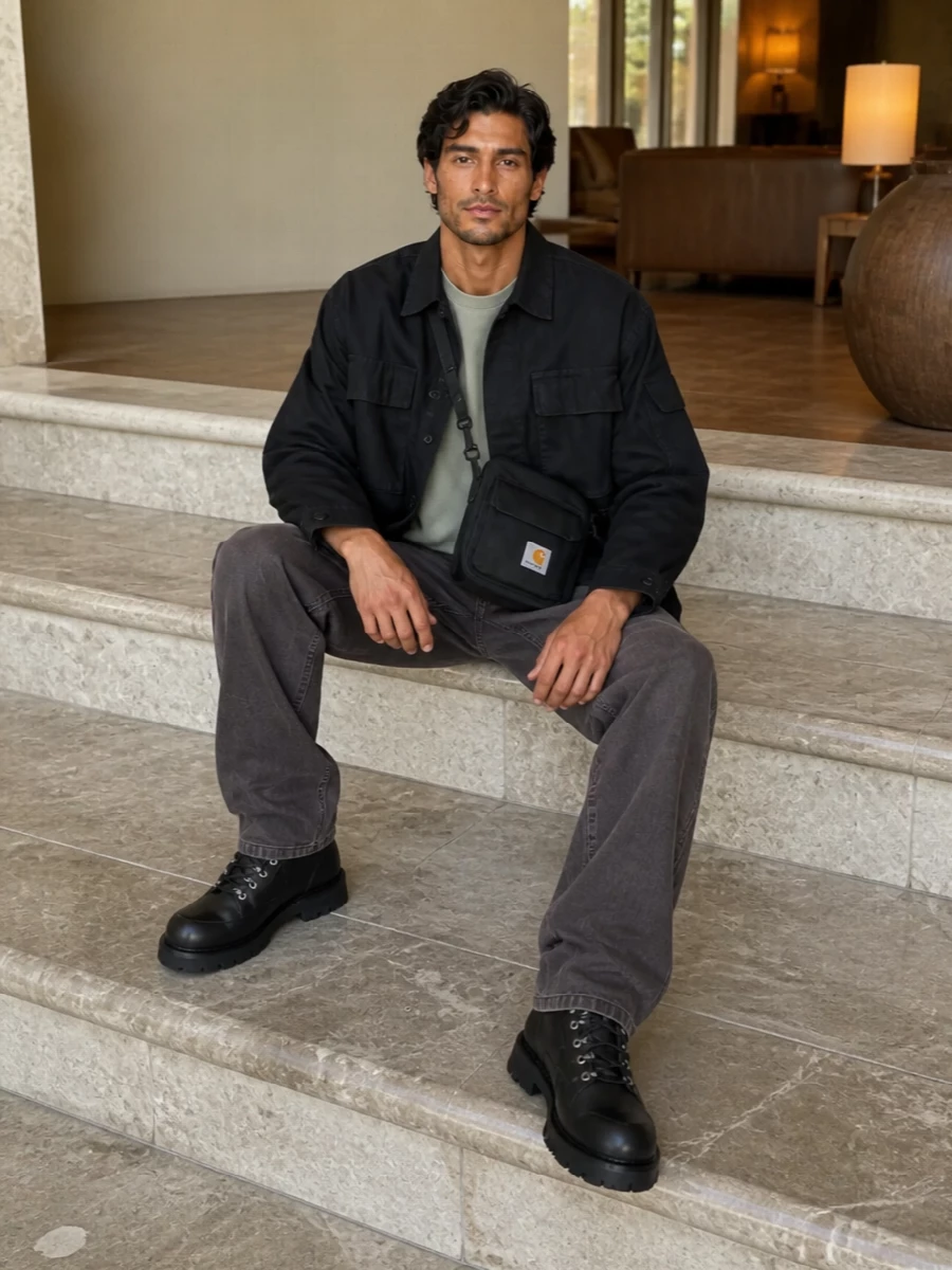 Carhartt jacket charcoal pants black boots