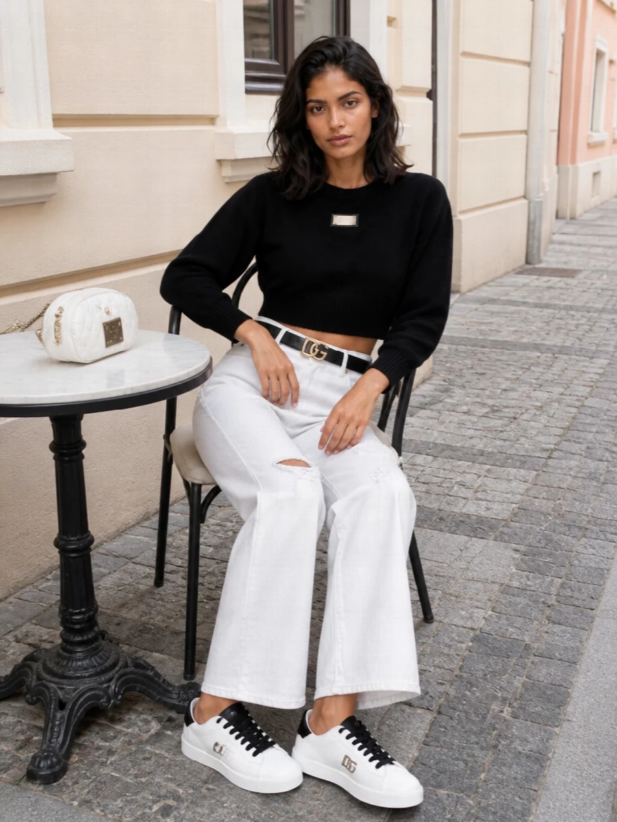 Dolce gabbana white wide leg jeans black knit