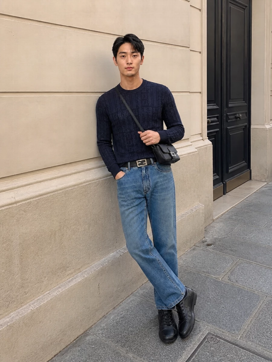 Fendi straight leg jeans navy crew neck outfit