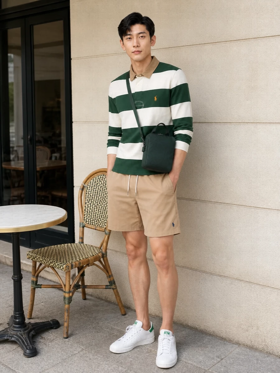 Polo Ralph Lauren’s striped rugby sits over sand deck shorts for a relaxed, Ivy-leaning summer uniform that still feels ready for the pitch. Clean white and green court sneakers pick up the shirt’s palette, keeping the whole outfit cohesive and easy for city weekends or seaside days. The compact crossbody finishes it with a subtle hit of luxury that stays firmly in the sporty-preppy lane.