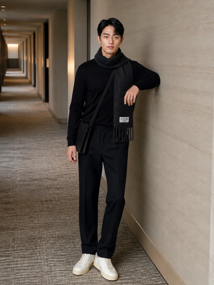 Golden goose black sweater navy trousers sneakers