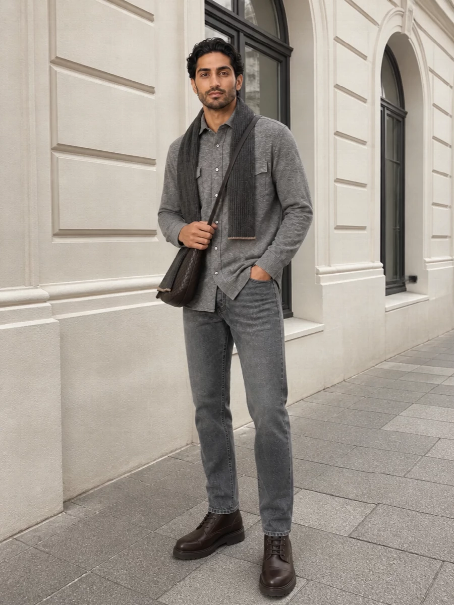 Brunello cucinelli grey shirt charcoal jeans outfit
