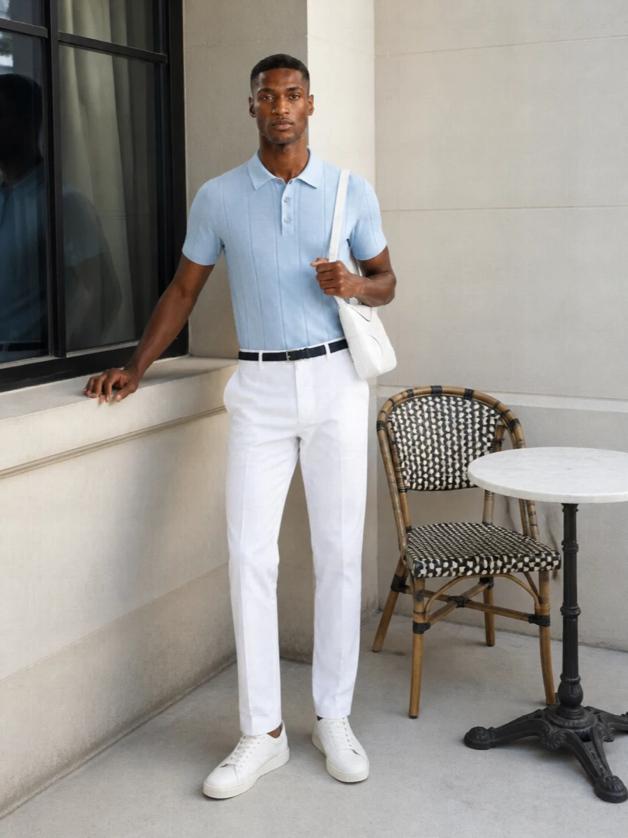 Kiton white trousers blue knit polo sneakers