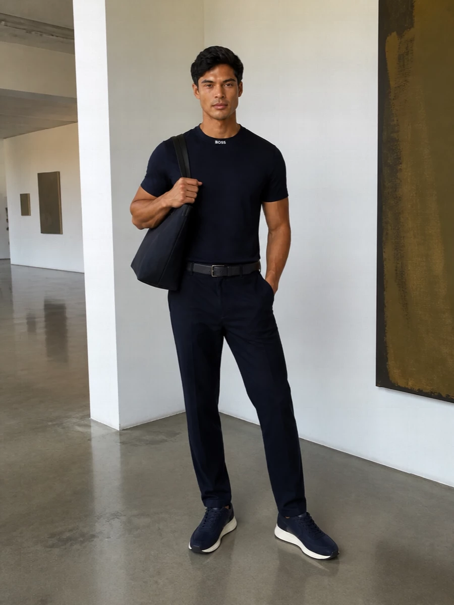 Boss navy tshirt tailored trousers sneakers