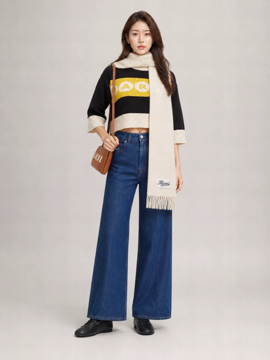 Marni’s cropped logo knit sits cleanly over the structured indigo wide leg, giving you that long, easy line with a sharp, graphic hit at the waist. Sleek black sneakers and a tan-and-cream shoulder bag keep the mood polished but relaxed, with the ivory scarf tying the warm tones together for a quietly confident city uniform. This is the piece-and-denim pairing you reach for when you want impact without losing ease.