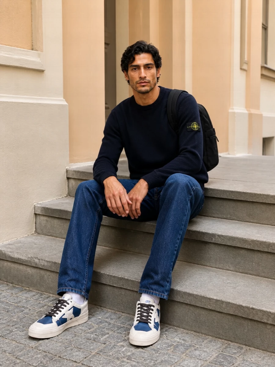 Stone island denim navy knit golden goose sneakers