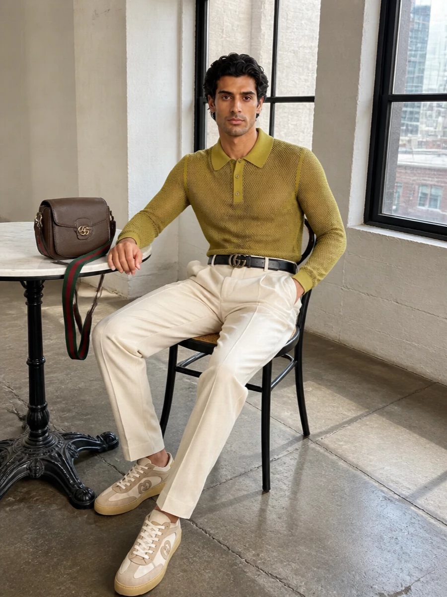 Gucci mesh polo beige trousers sneakers