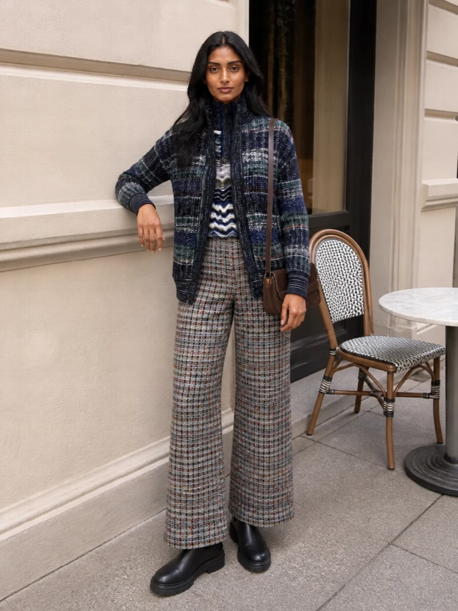 Missoni knit jacket wide leg trousers outfit