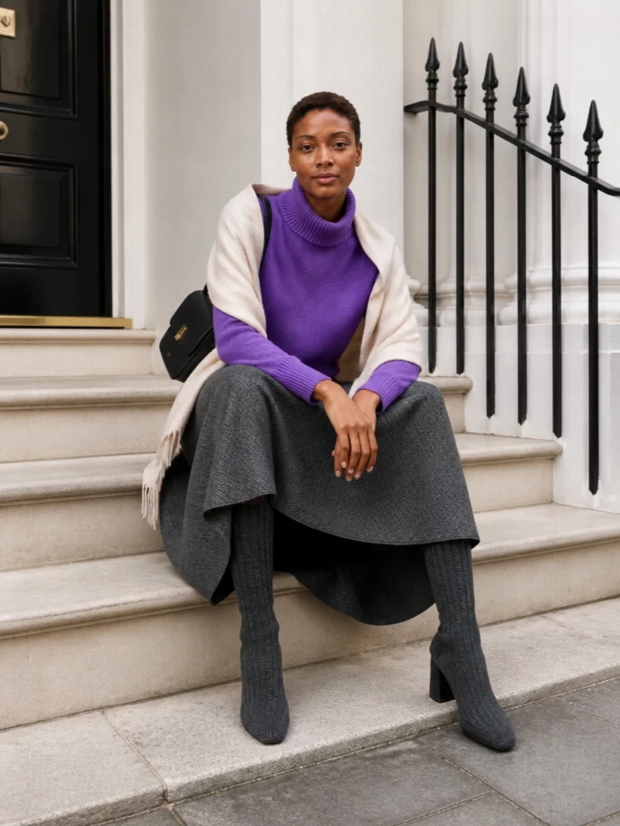 Alberta ferretti purple sweater charcoal midi skirt
