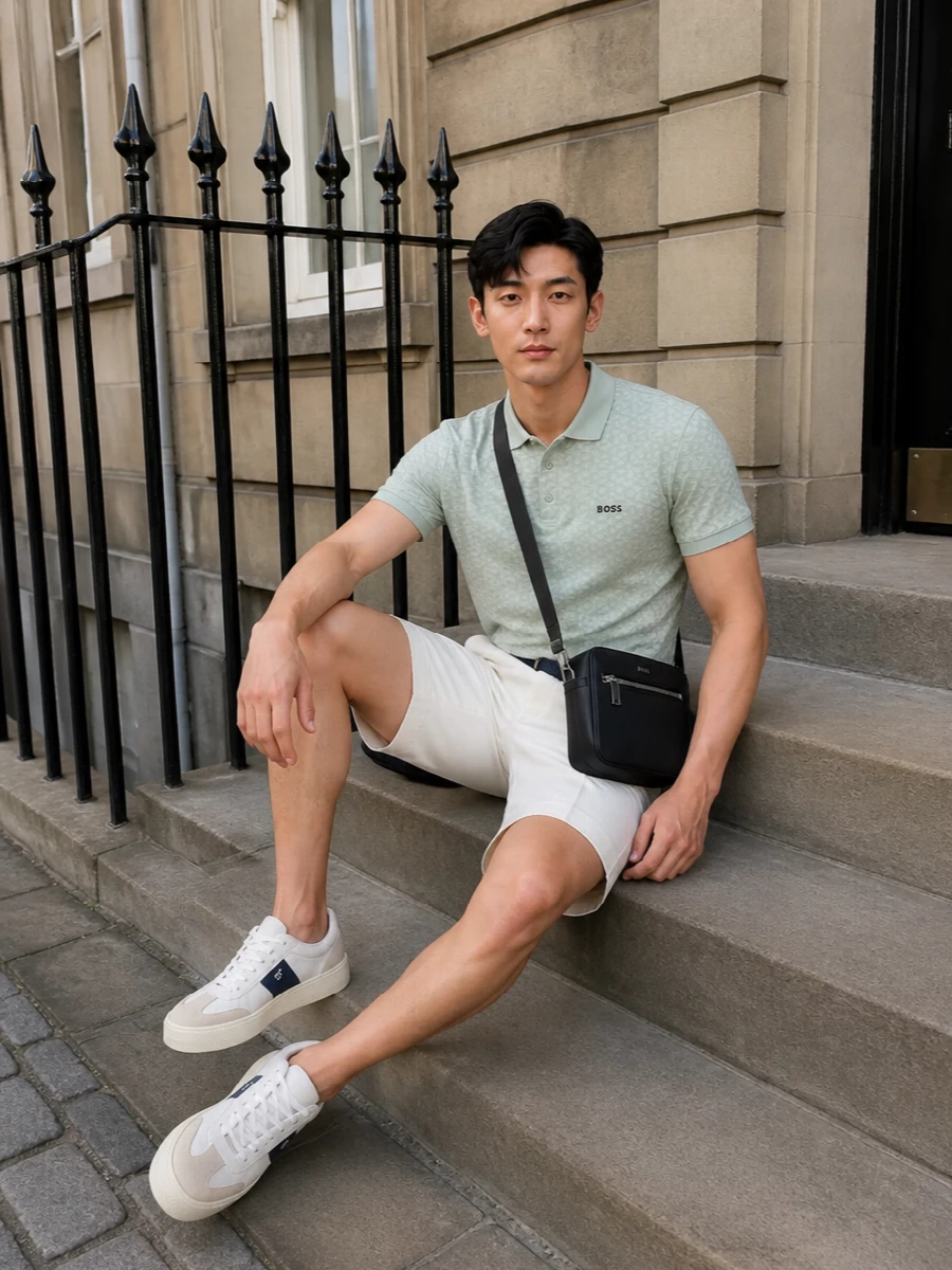 Soft mint and off white keep this Boss polo outfit fresh and clean, with tailored shorts giving it a structured, resort-meets-city attitude. Off-white court sneakers and a navy belt quietly pull everything together, while the black crossbody adds just enough sharpness for polished daytime plans.