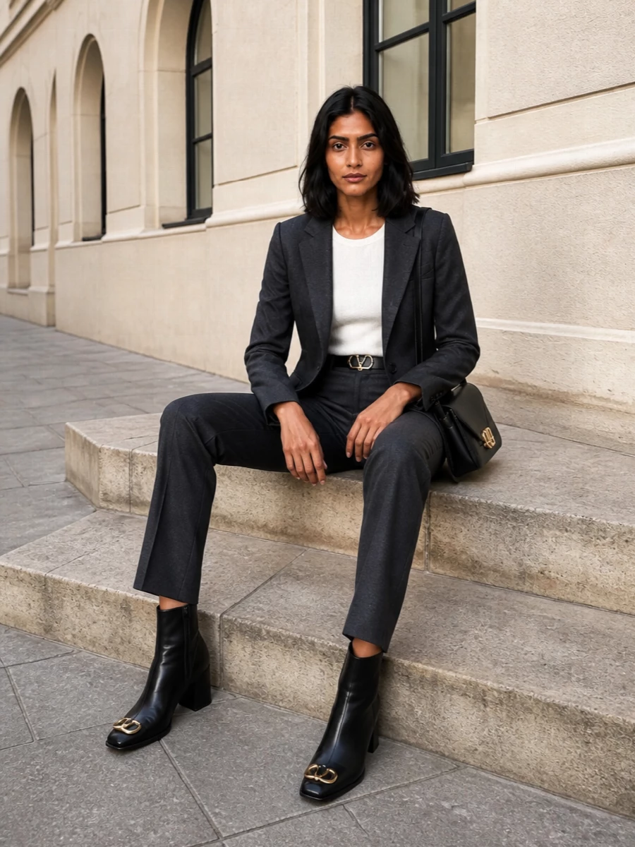 Valentino grey trousers black ankle boots outfit