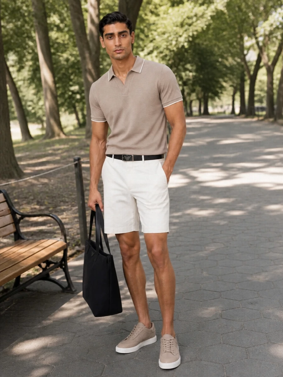 Emporio armani polo ivory shorts taupe sneakers
