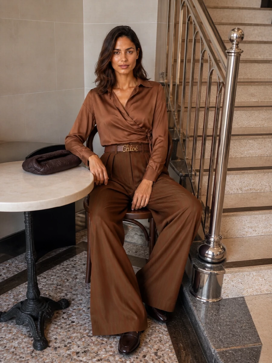 Dries van noten brown wrap blouse wide leg trousers