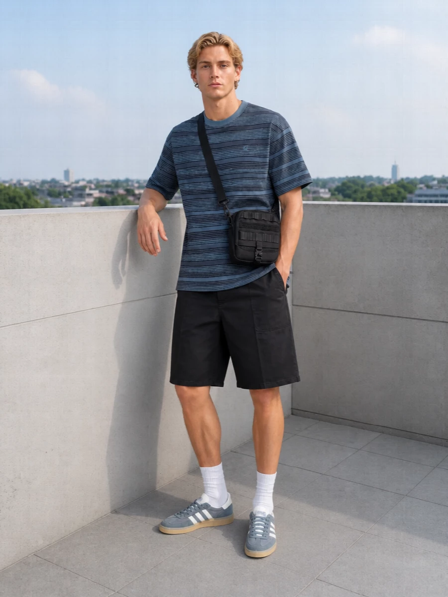 Carhartt striped tee cargo shorts adidas sneakers