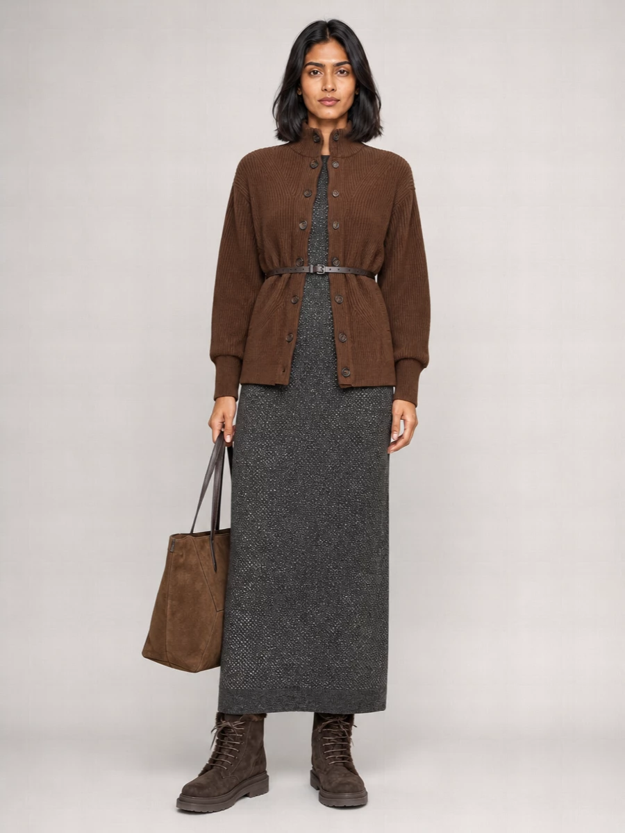 Brunello Cucinelli Cashmere Silk High Neck Belted Cardigan