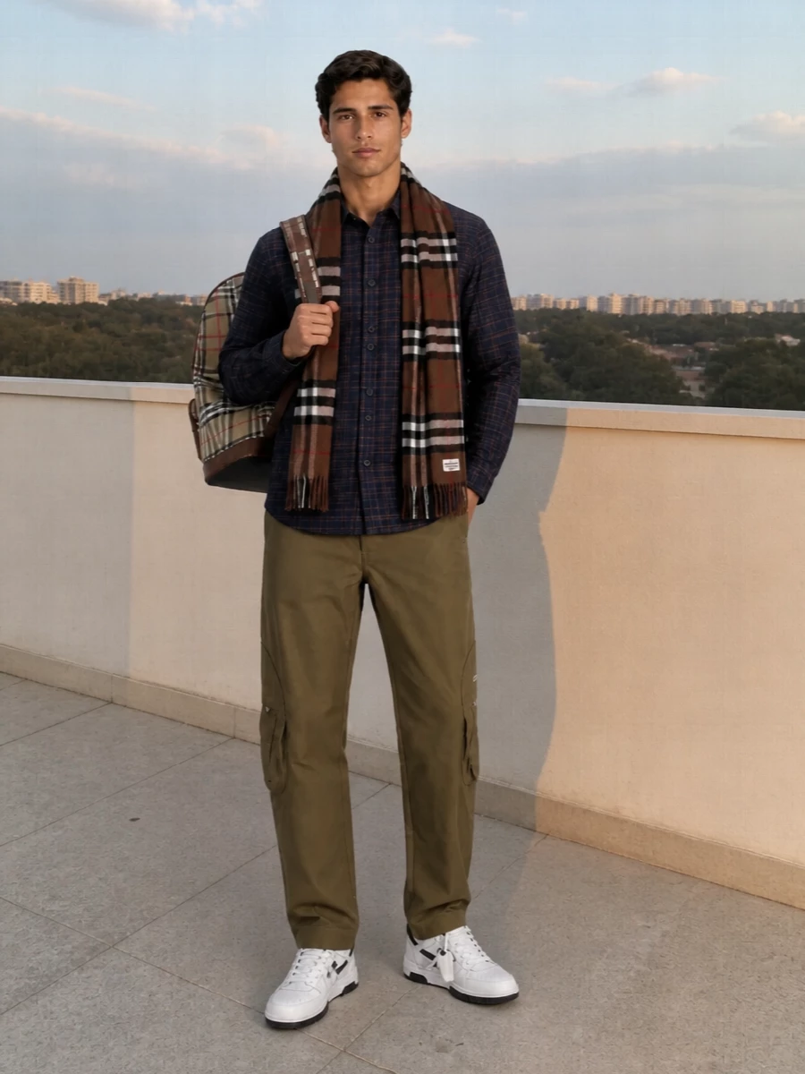 Off-White’s navy check shirt is grounded with clean olive cargo trousers for a relaxed streetwear take that still nods to prep. Graphic white court sneakers keep everything sharp and modern, while the checked Burberry backpack and chestnut scarf echo the warm tones for a cohesive cold‑weather city uniform. It is easygoing, branded without being loud, and reads considered from commute to casual evening.