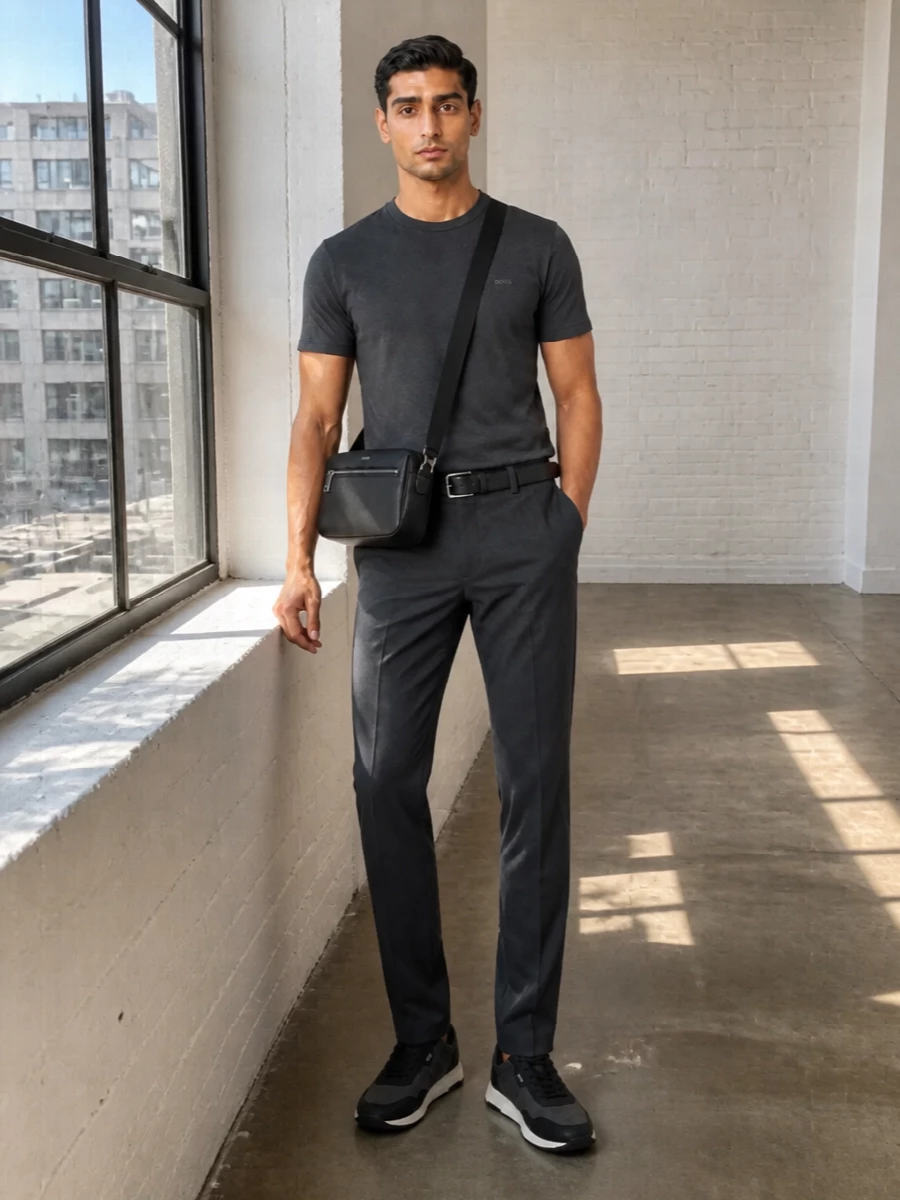 Boss charcoal t shirt chinos sneakers outfit