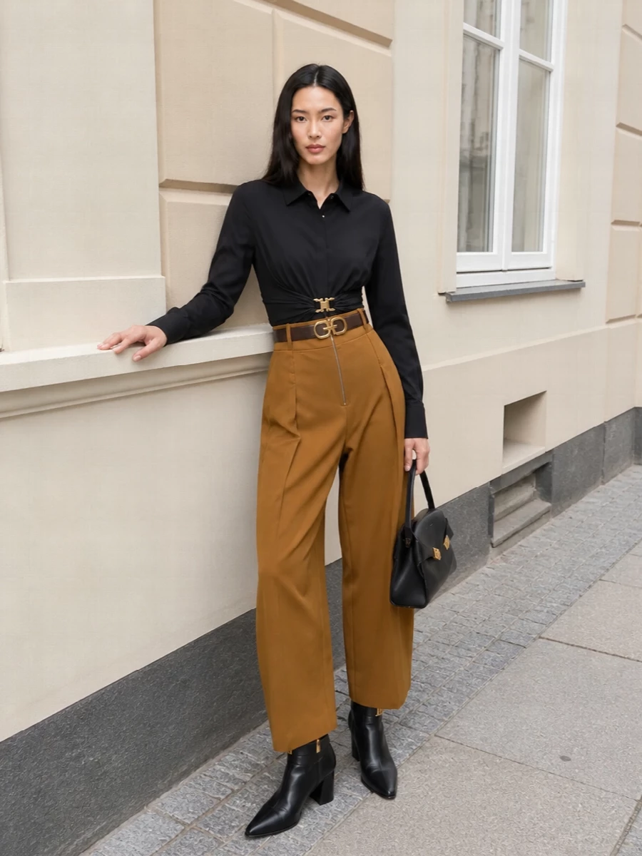 Ferragamo camel trousers black shirt ankle boots