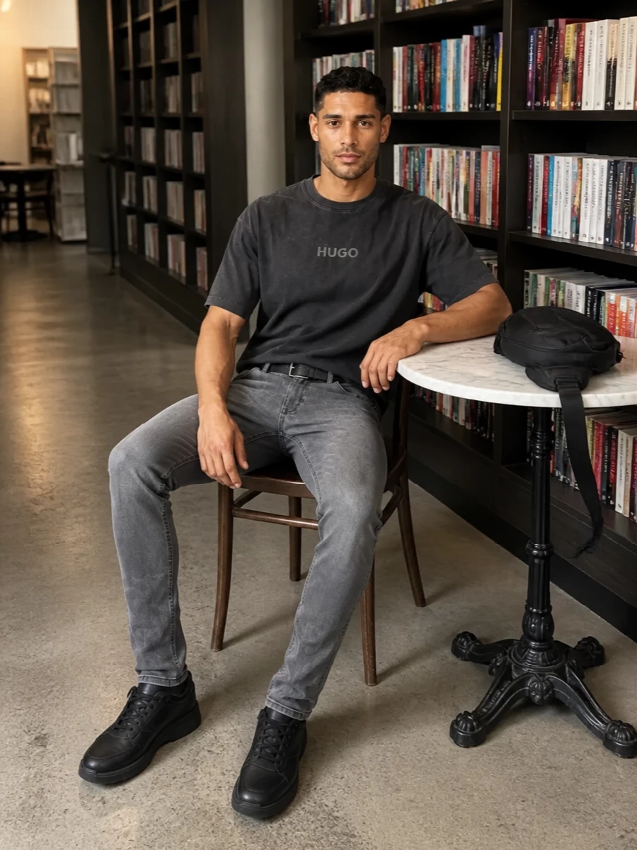 Hugo grey jeans charcoal tee black sneakers