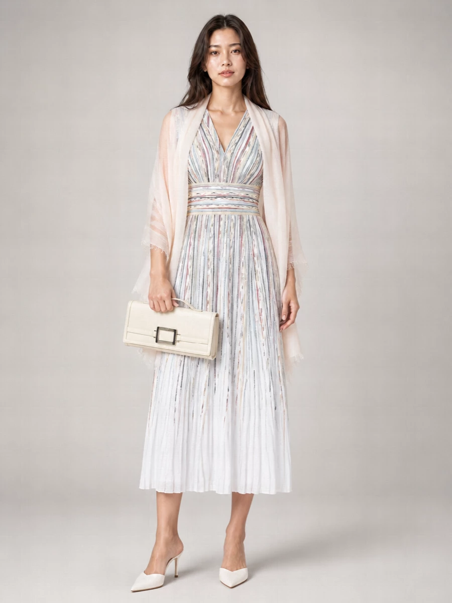 Missoni Striped Sleeveless V-Neck Pleated Midi Dress