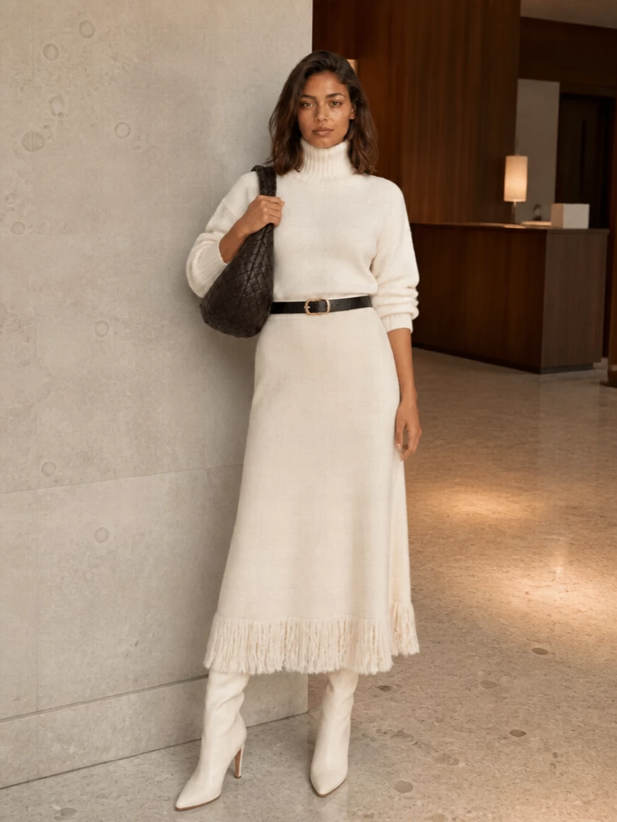 A tonal ivory turtleneck slips into the buttercream fringe skirt for a column of soft light, then breaks into movement at the hem. Sculpted ivory knee boots and a cinched black belt keep the proportions clean, while a padded chocolate shoulder bag grounds the palette for gallery evenings and quiet dinners alike.