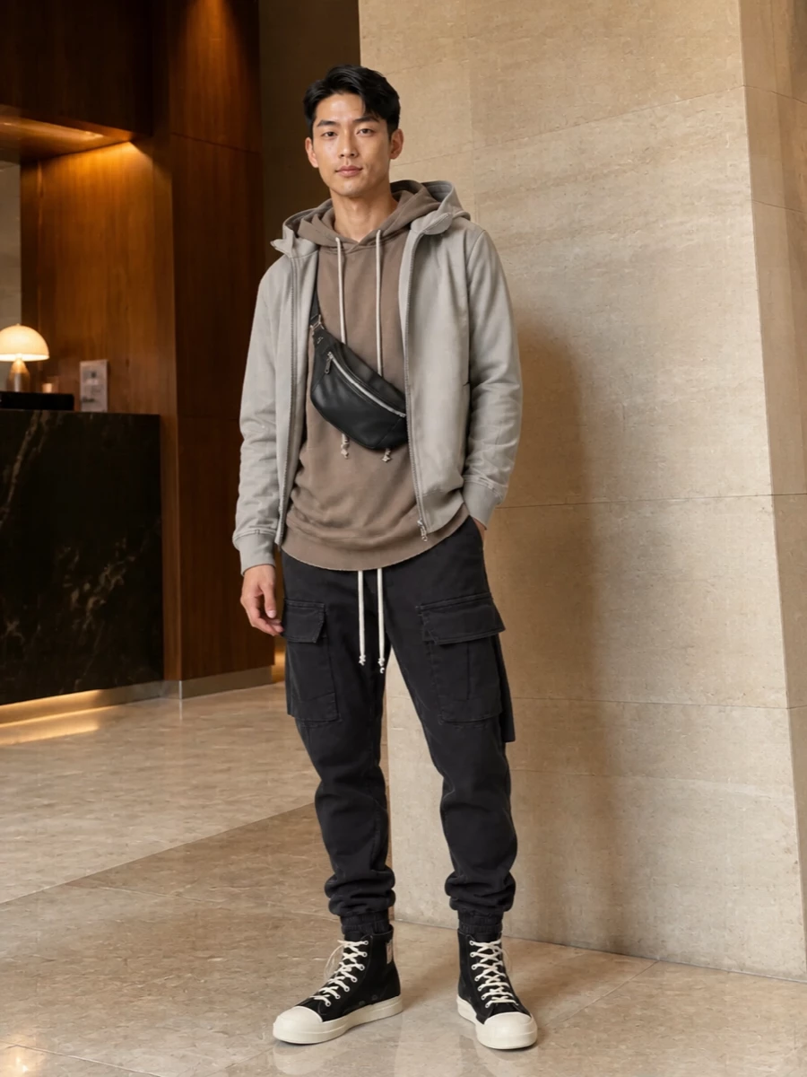 Rick owens drkshdw hoodie cargo jogger outfit
