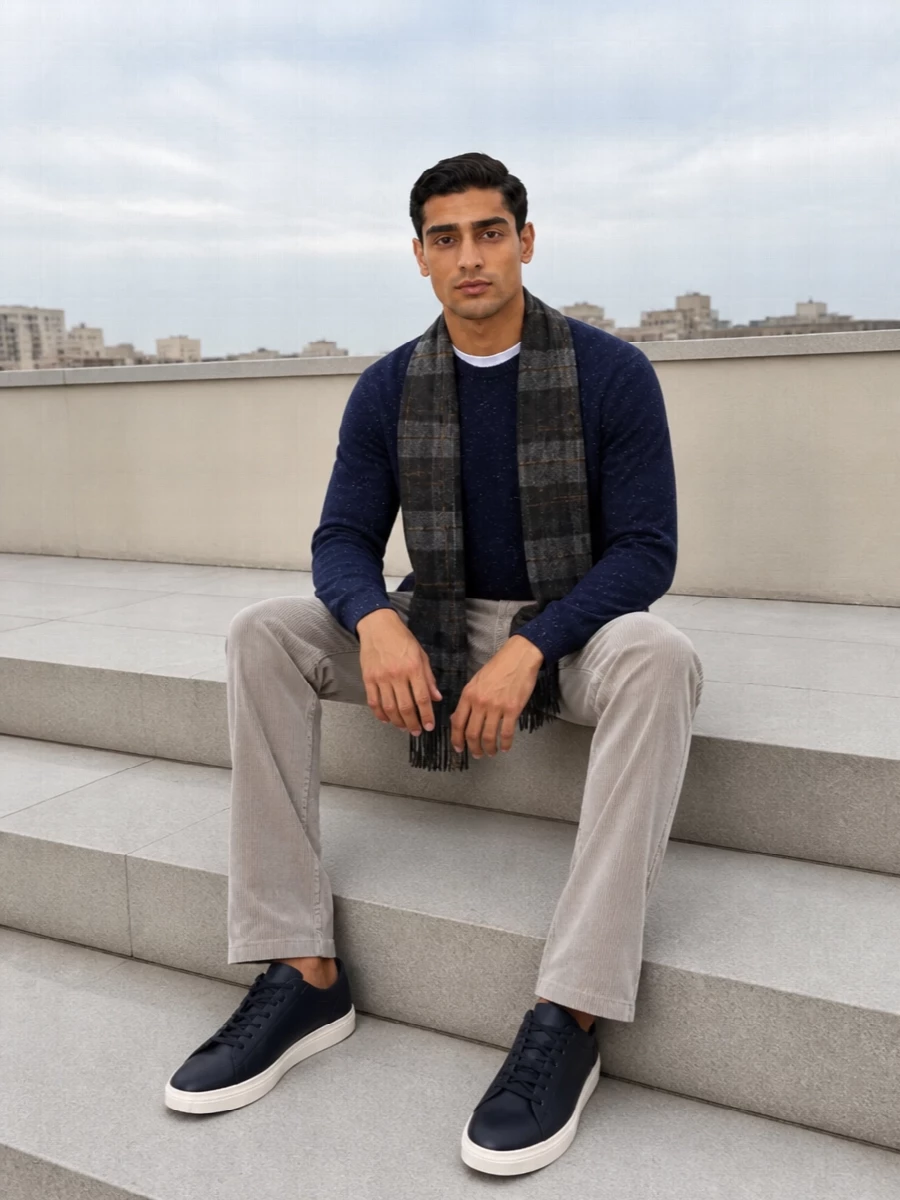 Barbour navy sweater apc corduroy trousers