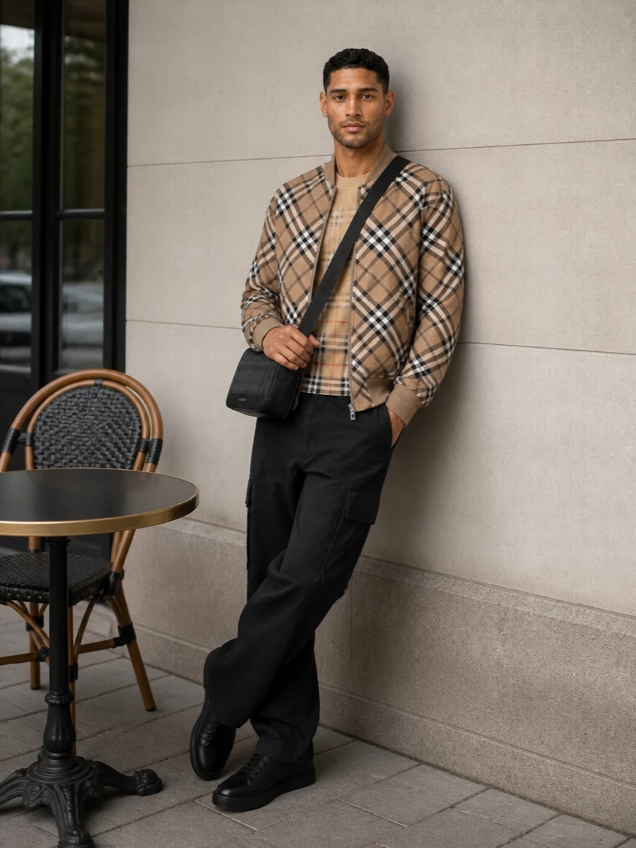Burberry camel check bomber charcoal cargo outfit