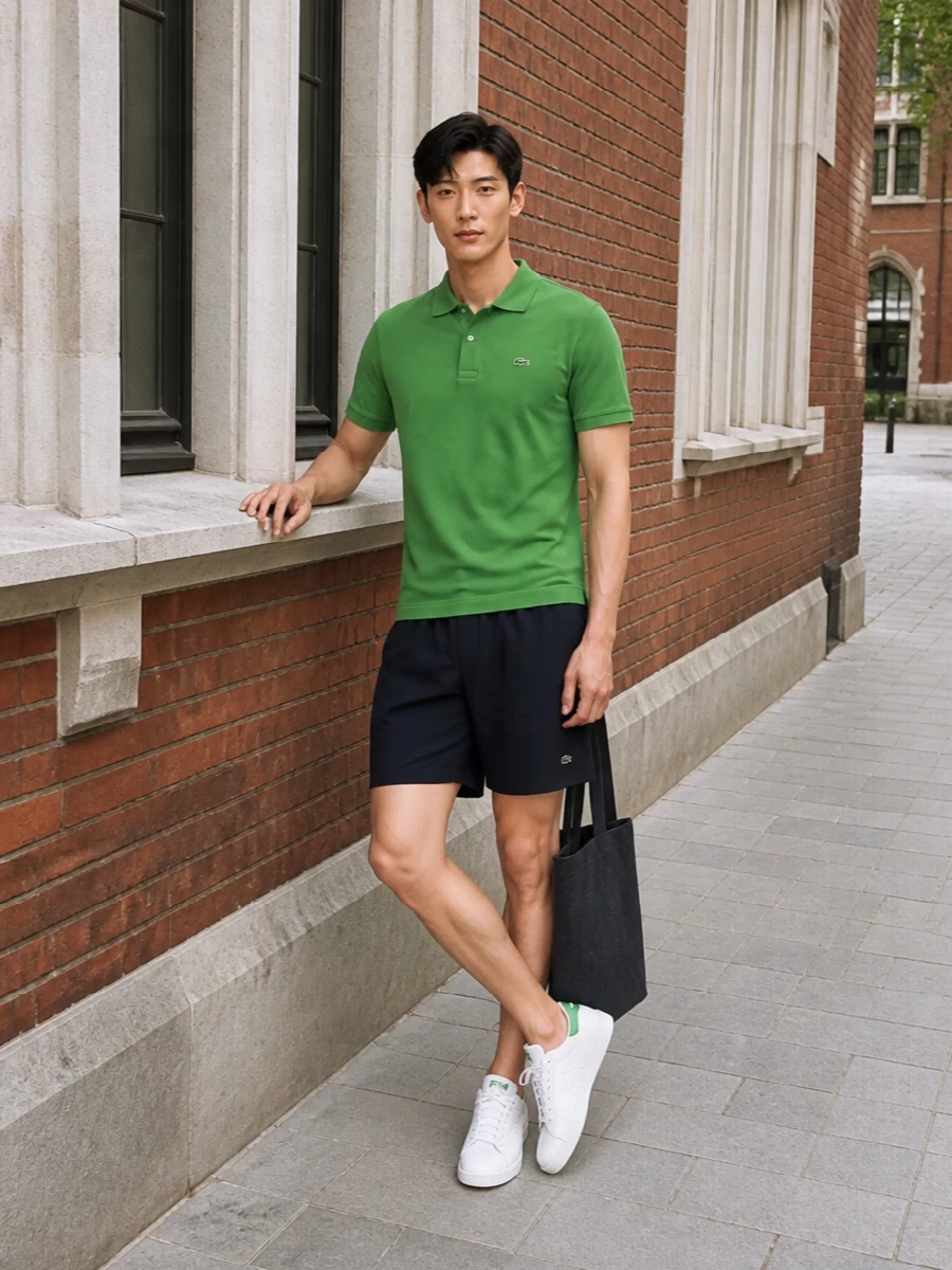 Lacoste green polo navy shorts adidas sneakers