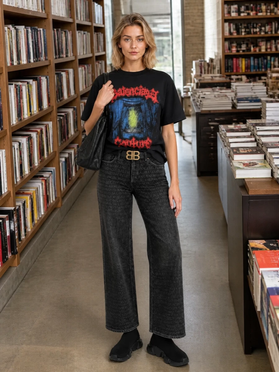 Balenciaga graphic tee wide leg logo jeans outfit